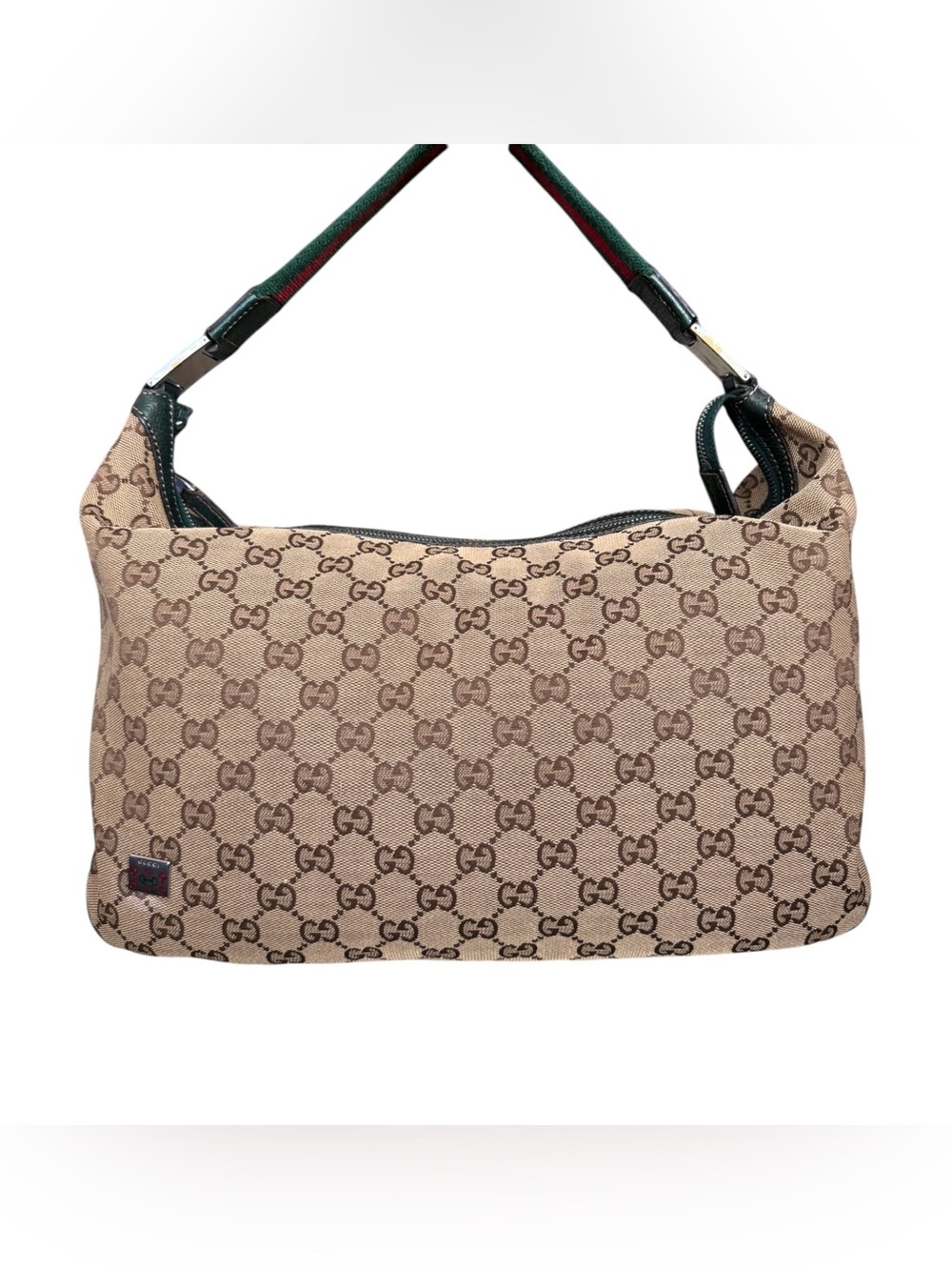 Gucci Pop Hobo Beige GG Canvas Shoulder Bag with Green and Red Web Strap